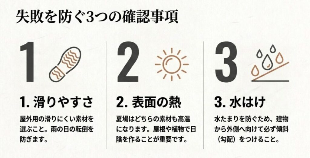 庭のコンクリートやタイル舗装で確認したい滑りやすさ、夏の表面温度、水はけと排水勾配の3項目を解説するスライド