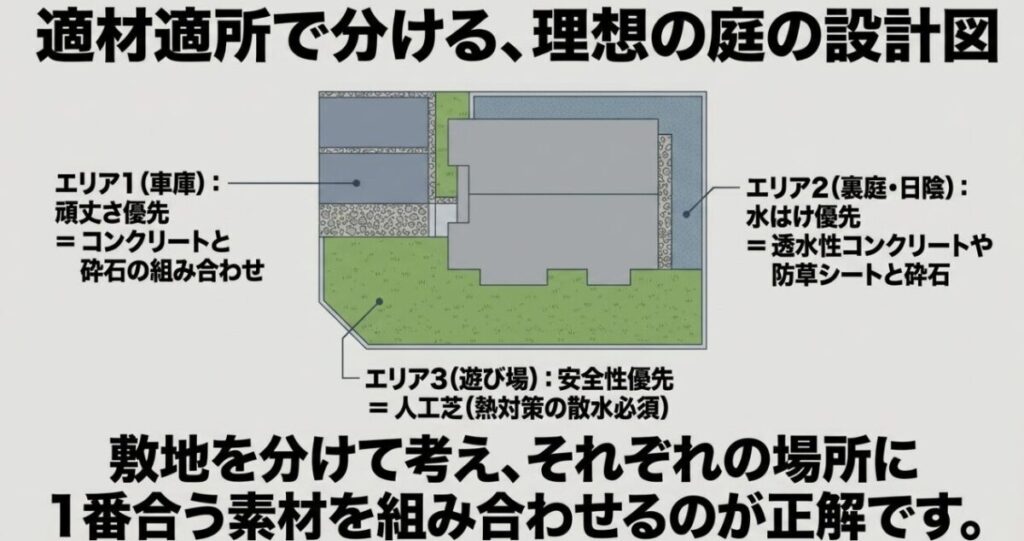 車庫にはコンクリートと砕石、裏庭や日陰には透水性舗装、遊び場には人工芝を配置した庭の設計図