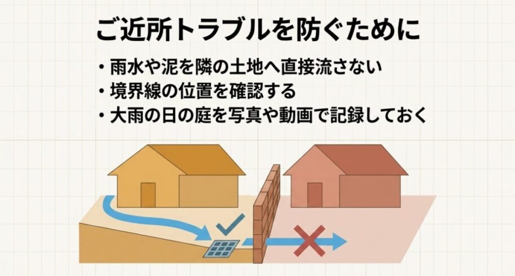 雨水や泥を隣地へ直接流さず、境界線の確認と大雨時の写真・動画による記録を行う近隣トラブル防止策