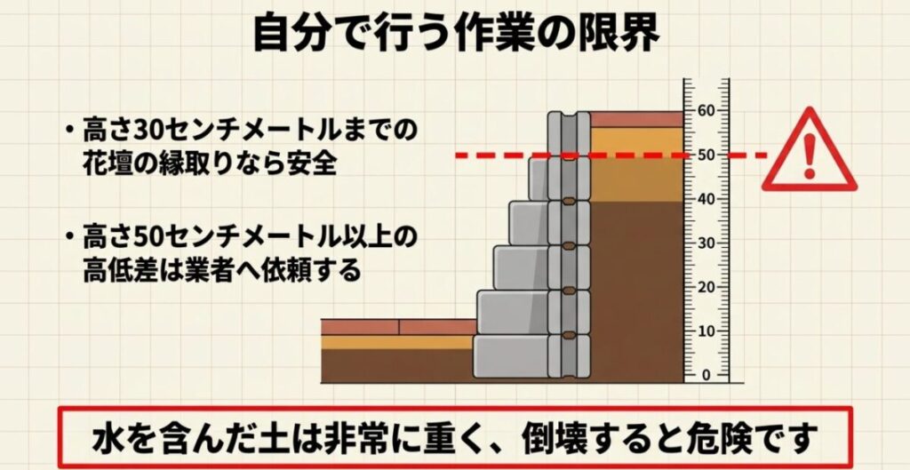 高さ30cm程度までの花壇の縁取りと、50cm以上の高低差は業者への依頼を推奨する庭の土留めDIYの目安