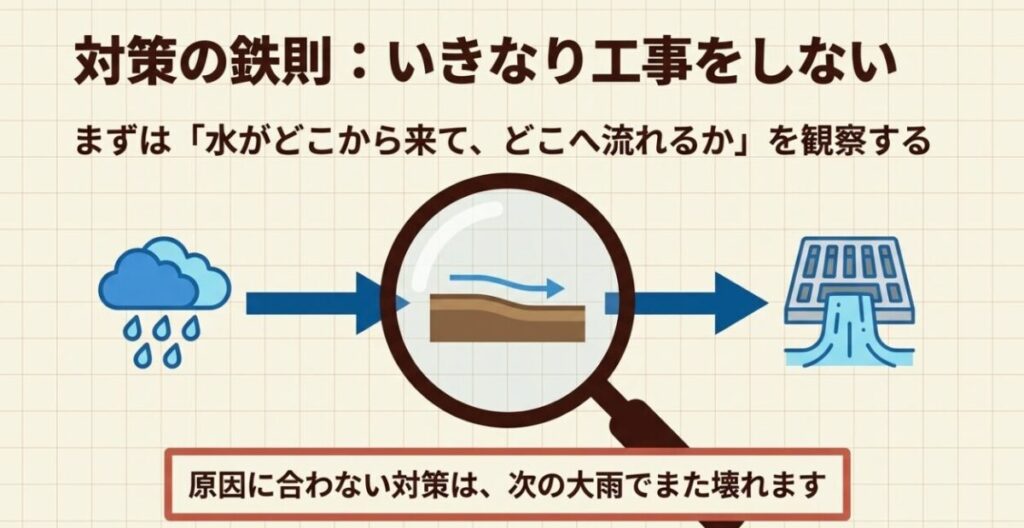 雨水がどこから来てどこへ流れるかを観察し、庭の土が流れる原因に合った対策を選ぶ重要性を示した図