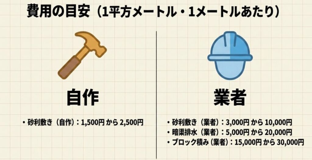 砂利敷きのDIYと業者施工、暗渠排水、ブロック積みにかかる1平方メートルまたは1メートルあたりの費用目安