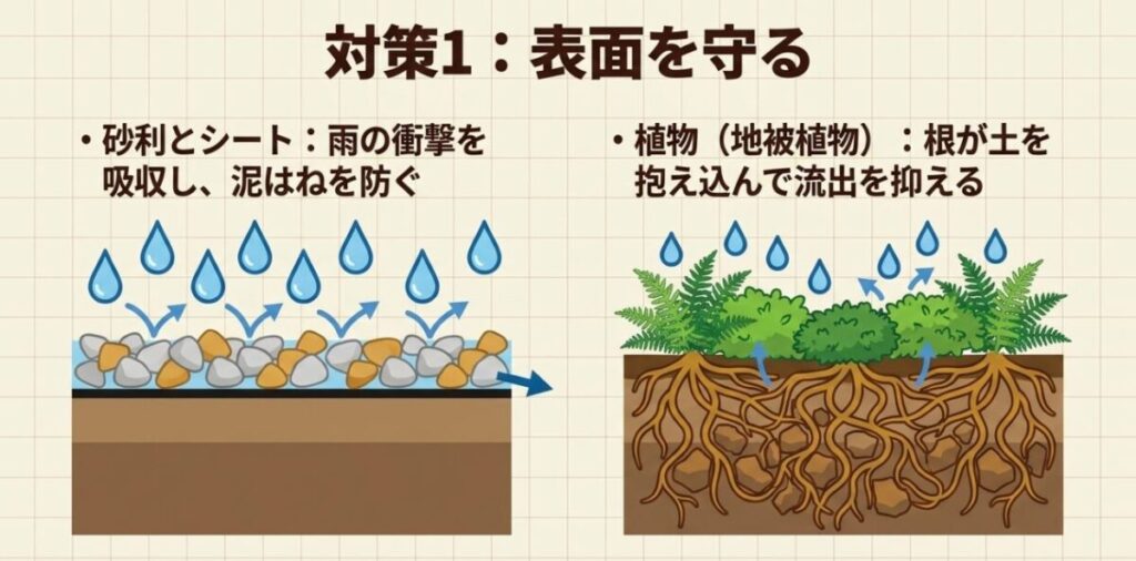 砂利と防草シートで雨の衝撃や泥はねを抑える方法と、グランドカバーの根で庭の土を固定する方法の比較図
