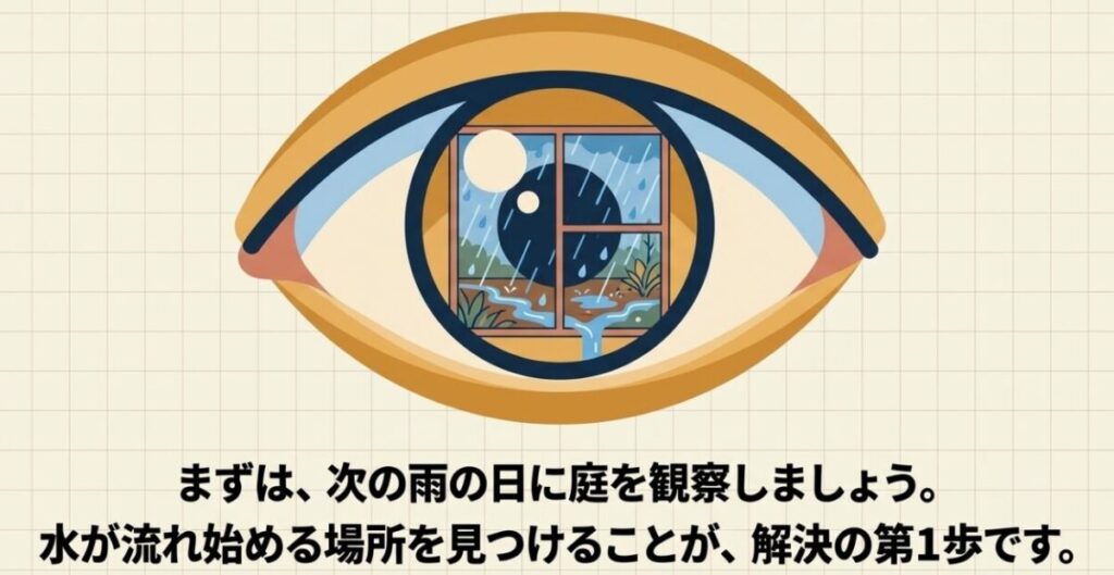 雨の日の庭を観察して水が流れ始める場所を見つけることが、庭の土砂流出対策の第一歩だと示した図