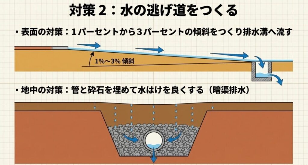 1～3％の水勾配で排水溝へ流す表面排水と、管と砕石を地中へ埋めて水はけを改善する暗渠排水の構造図