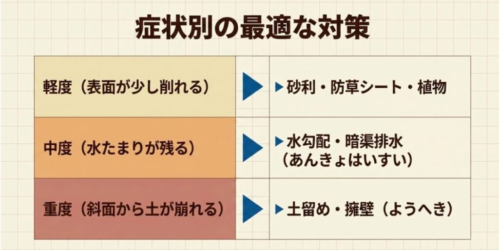軽度は砂利・防草シート・植物、中度は水勾配・暗渠排水、重度は土留め・擁壁を選ぶ症状別の対策早見表