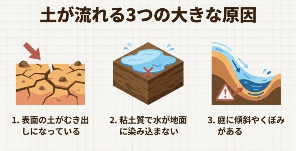 庭の土が流れる原因として、土の表面の露出、粘土質による雨水の浸透不足、庭の傾斜やくぼみを示した図