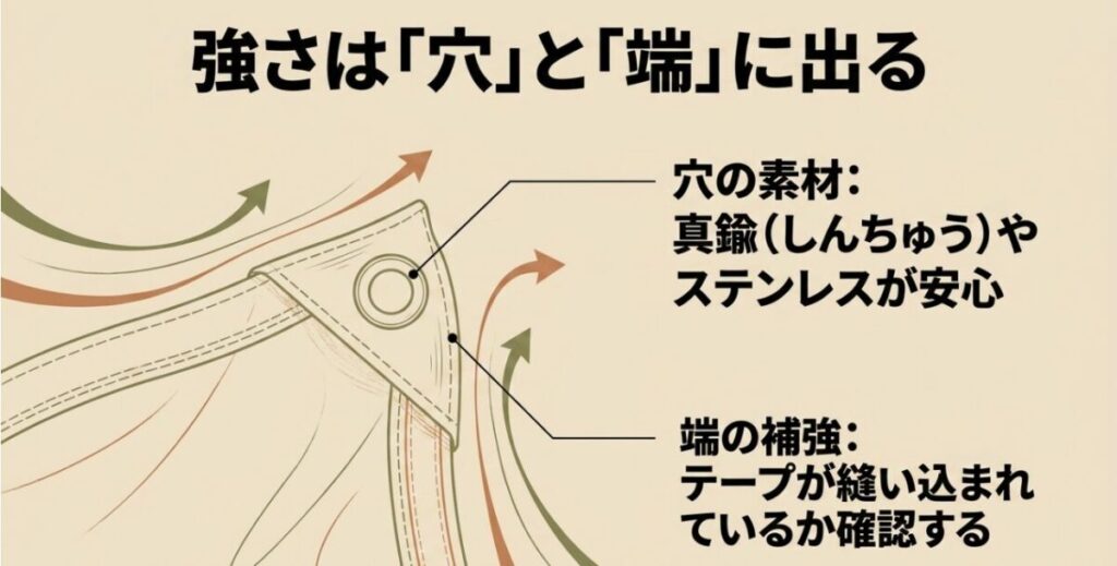 真鍮やステンレス製のハトメと補強テープを確認するポイントを示した図