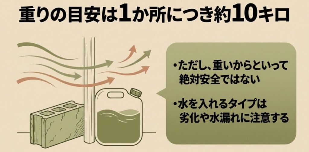 日除けの固定1か所につき約10kgの重りを使う目安と注水式ウェイトの注意点