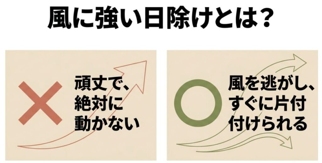 頑丈さだけでなく風を逃がしてすぐ片付けられる日除けが安全だと示す比較図