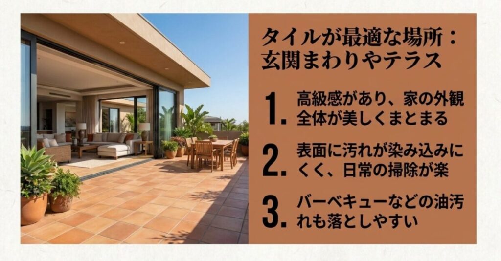 タイルは高級感があり汚れや油汚れを落としやすいため、玄関まわりやテラスに向いていると解説するスライド