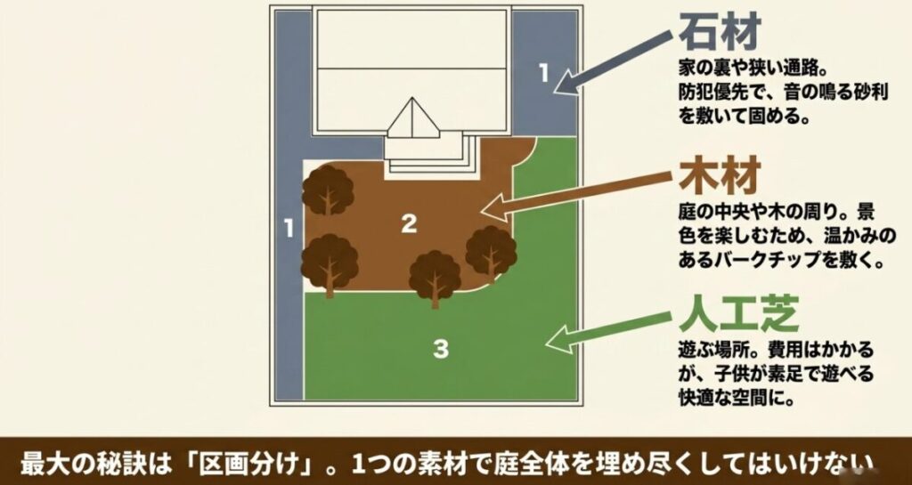家の裏は石材、庭の中央は木材、遊ぶ場所は人工芝というように、庭全体を1つの素材で埋め尽くさず、用途ごとに区画分けするゾーニングの設計例。