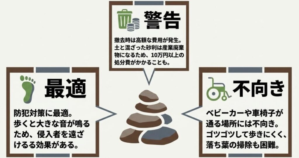 砂利は音が出るため防犯対策に最適だが、ベビーカーの通行には不向きで、撤去時には高額な処分費用が発生する警告を示す図。