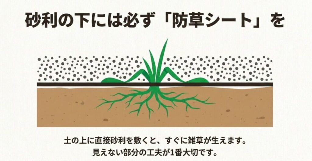 庭の土に直接砂利を敷くと雑草が生えやすいため、砂利の下へ防草シートを施工する構造を示す図