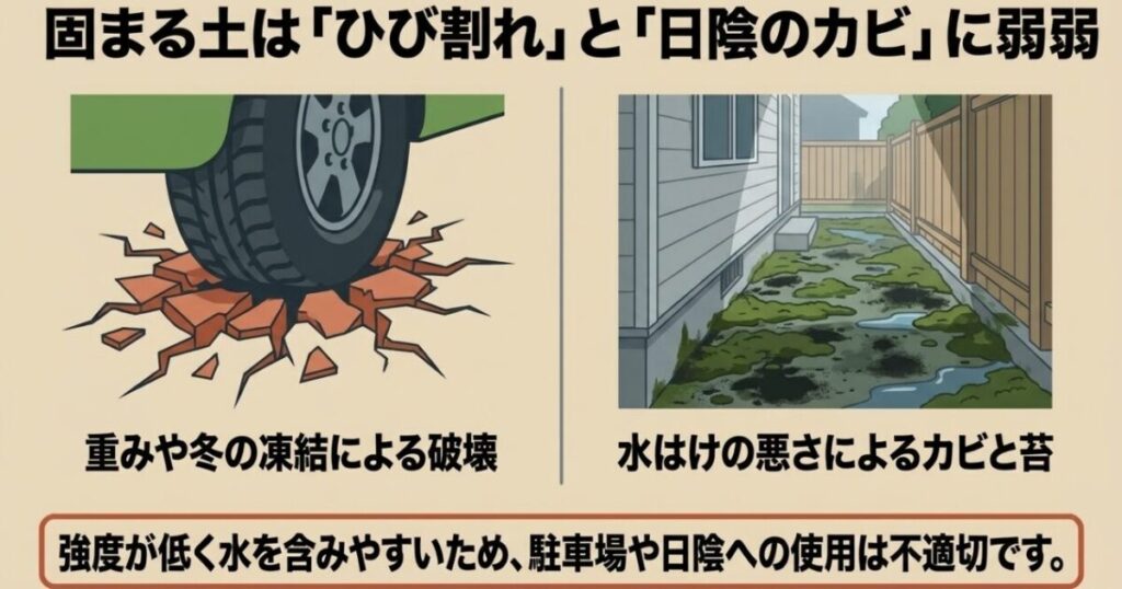 固まる土が車の重みや冬の凍結でひび割れる様子と、日陰でカビや苔が発生した犬走りの比較図