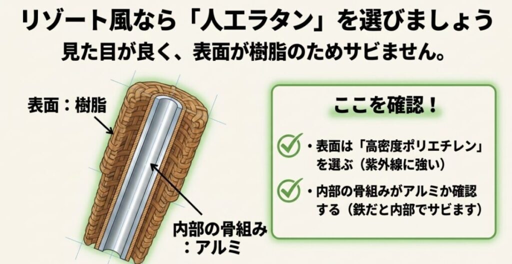 人工ラタンの表面には高密度ポリエチレンを、内部の骨組みにはアルミを選ぶポイントを示した図