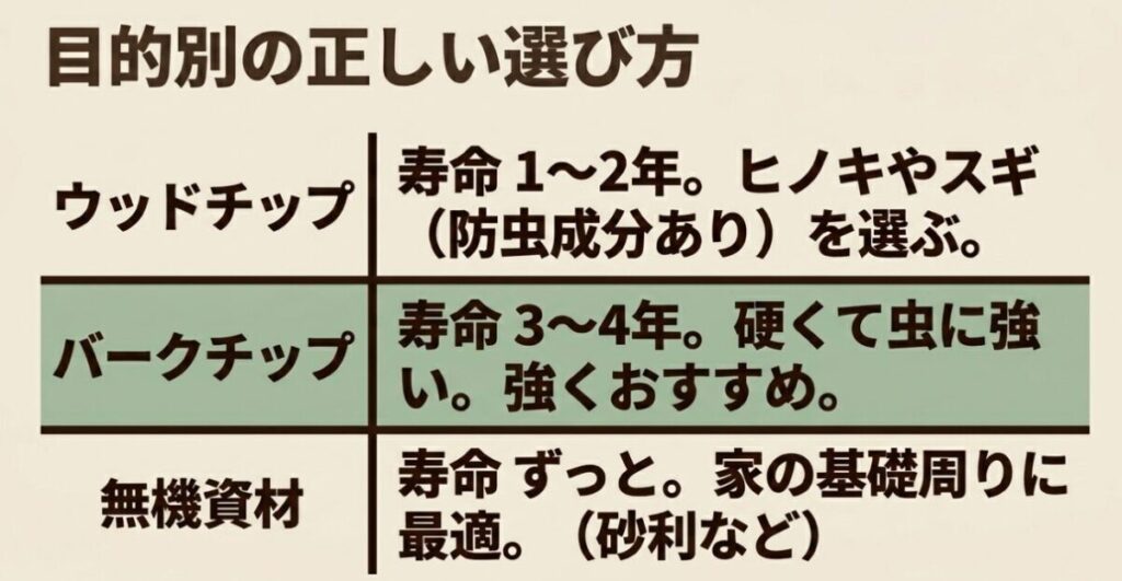 目的別の正しい選び方。ウッドチップ(ヒノキやスギ)は寿命1〜2年で防虫成分あり。バークチップは寿命3〜4年で硬くて虫に強い。無機資材は寿命がずっと続き、家の基礎周りに最適。
