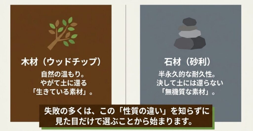 自然の温もりがあり土に還る木材(ウッドチップ)と、半永久的な耐久性を持つ無機質な石材(砂利)の基本的な性質の違いを比較した図解。