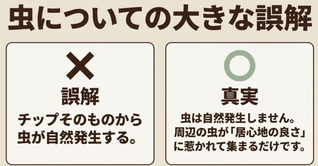 ウッドチップ:虫についての大きな誤解。誤解:チップそのものから虫が自然発生する。真実:虫は自然発生しません。周辺の虫が「居心地の良さ」に惹かれて集まるだけです。