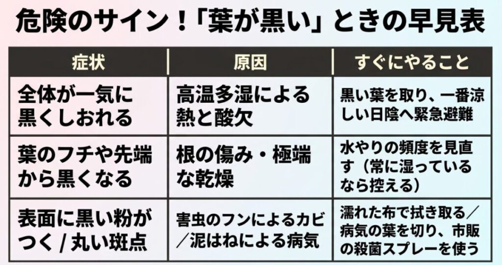 ミオソティスの葉が黒くなる症状別の原因と、すぐに行うべき対策をまとめた早見表。