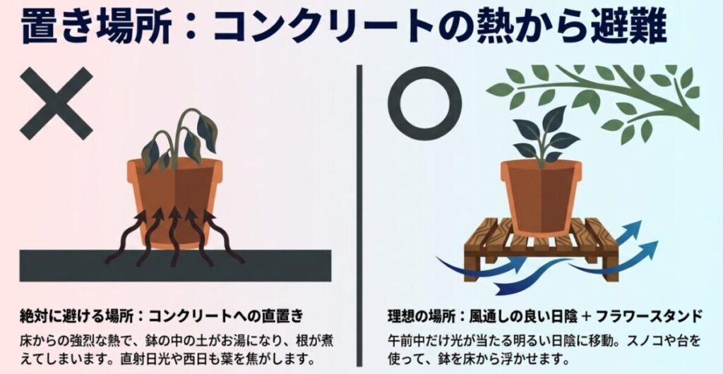 ミオソティス・ミオマルク：コンクリートへの直置きを避け、フラワースタンドを使って風通しの良い日陰に鉢を置く熱対策の図解。