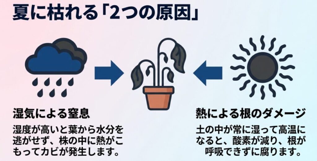 ミオソティス・ミオマルクが夏に枯れる原因である、湿気による窒息と熱による根のダメージについての解説。