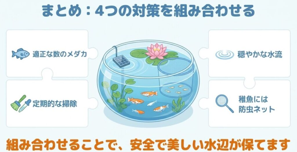 適正数のメダカ、定期的な清掃、穏やかな水流、稚魚用防虫ネットを組み合わせる蚊対策のまとめ