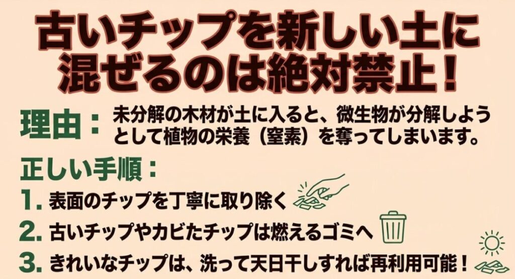 古いウッドチップを新しい土に混ぜると窒素不足の原因になるため、植え替え時の正しい処理を解説するスライド
