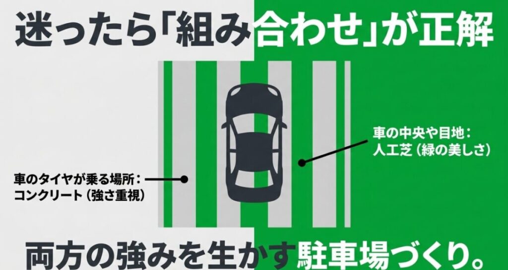 車のタイヤが乗る部分をコンクリート、中央部分や目地を人工芝にする駐車場の配置例