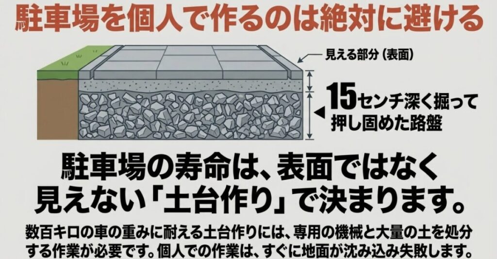 駐車場の表面材の下に約15センチの締め固めた砕石路盤が必要であることを示す断面図