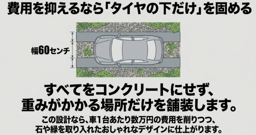 駐車場のタイヤが通る幅約60センチの2本のラインだけをコンクリートで舗装するハイブリッド設計