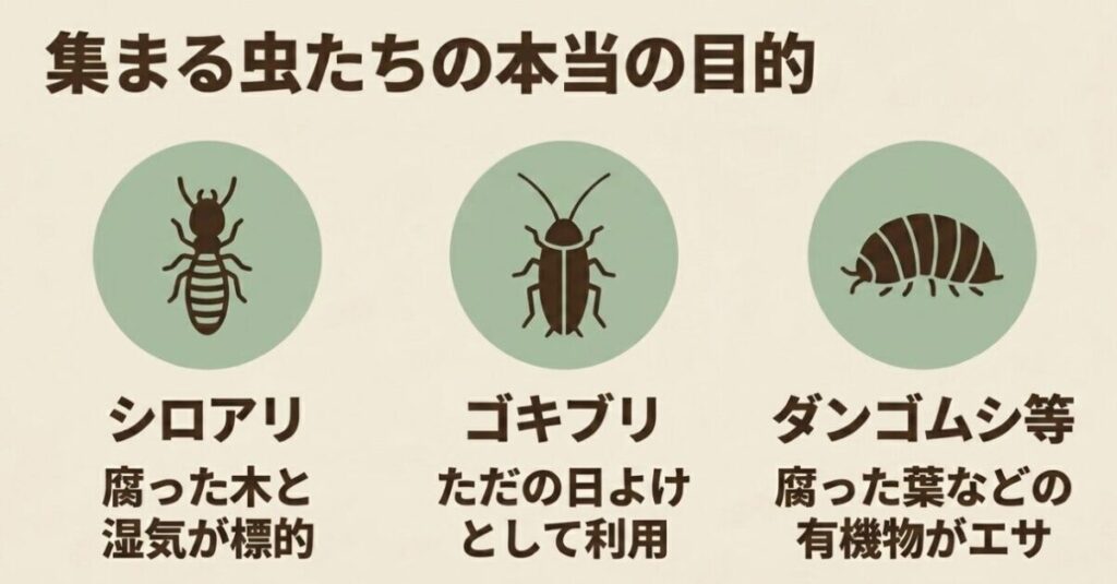 ウッドチップ:集まる虫たちの本当の目的。シロアリは腐った木と湿気が標的。ゴキブリはただの日よけとして利用。ダンゴムシ等は腐った葉などの有機物がエサ。
