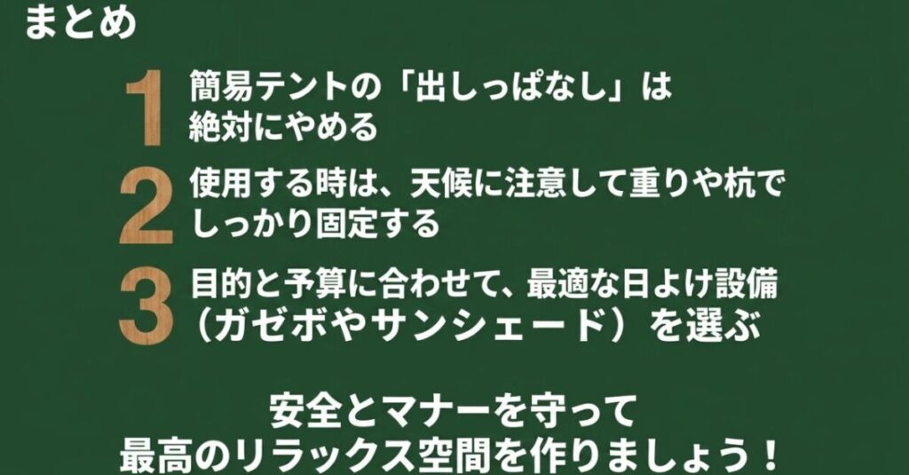 タープテント:簡易テントの出しっぱなしを避けること、重りや杭でしっかり固定すること、目的と予算に合わせて最適な日よけ設備を選ぶことの3つのルールを記載したまとめスライド