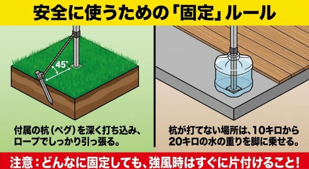 タープテント:芝生に対して45度の角度でペグを打ち込む方法と、杭が打てない場所で10キロから20キロの水の重りを脚に乗せる固定方法を図解したスライド