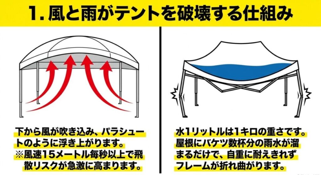 タープテント:下からの風でテントが浮き上がる様子と、屋根に溜まった雨水の重みでフレームが折れ曲がる様子を図解した、風と雨がテントを破壊する仕組みのスライド