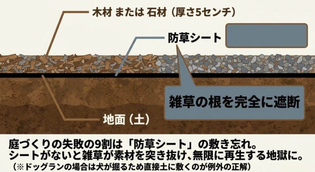 土の上に防草シートを敷き、その上に木材や石材を5センチの厚さで敷く正しい構造。シートがないと雑草が突き抜けて無限に再生する警告図解。