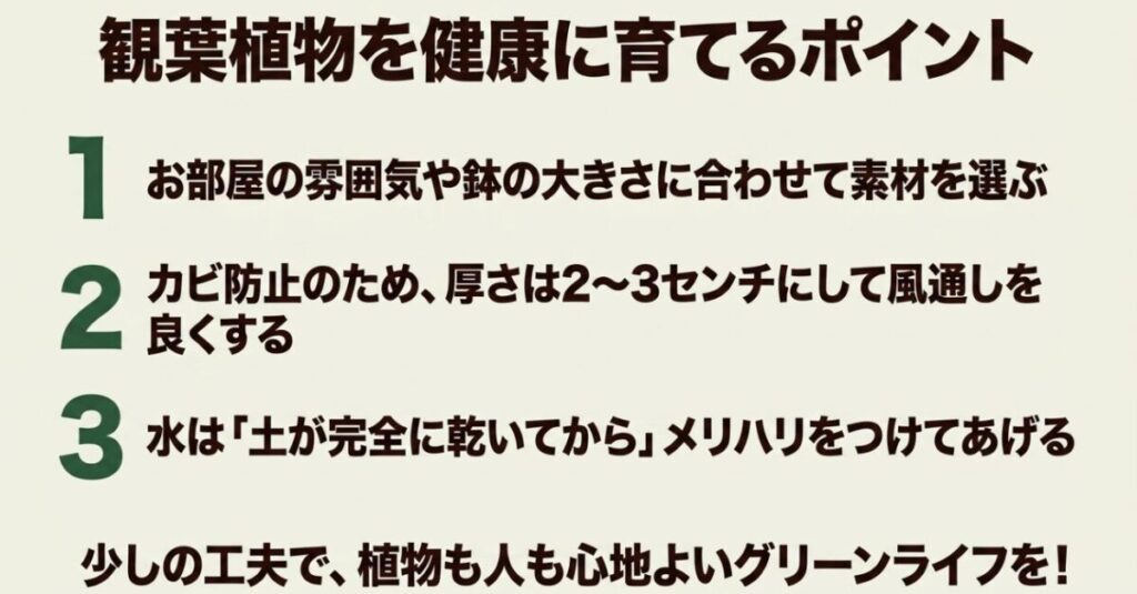 観葉植物に合う素材選び、カビ防止、水やりのメリハリという重要ポイントをまとめたスライド