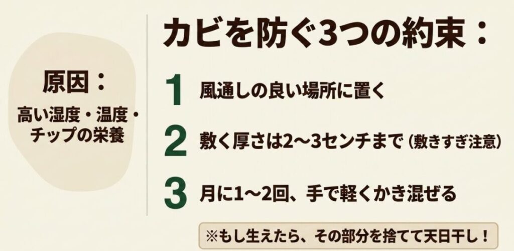 ウッドチップのカビ対策として風通し、敷く厚さ、定期的なかき混ぜを説明するスライド