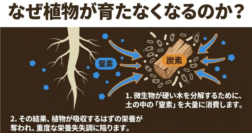 土壌微生物がウッドチップを分解するために土の窒素を消費し、植物が栄養不足になるメカニズム