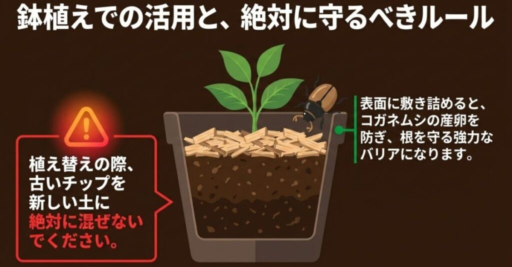 鉢植えの表面にウッドチップを敷いてコガネムシの産卵を防ぎ、植え替え時は新しい土に混ぜないルール