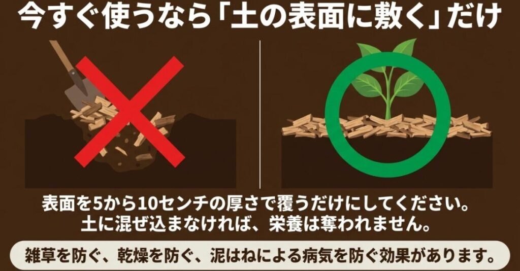 生のウッドチップは土に混ぜず、土壌表面へ5〜10センチの厚さで敷く安全なマルチング方法