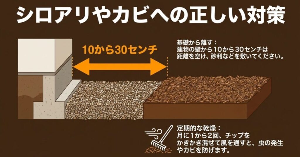 ウッドチップを建物の基礎から10〜30センチ離し、月1〜2回かき混ぜてシロアリやカビを防ぐ方法