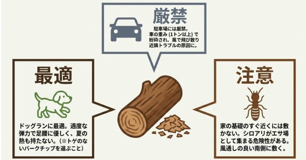 ウッドチップはドッグランに最適だが、駐車場への使用は厳禁であり、家の基礎近くではシロアリ対策の注意が必要であることを示す図。