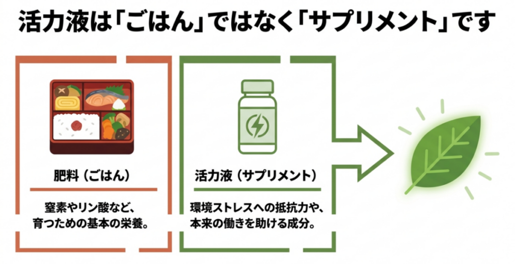 肥料は植物の基本的な栄養を供給し、活力液は環境ストレスへの対応や植物本来の働きを補助することを示した比較図