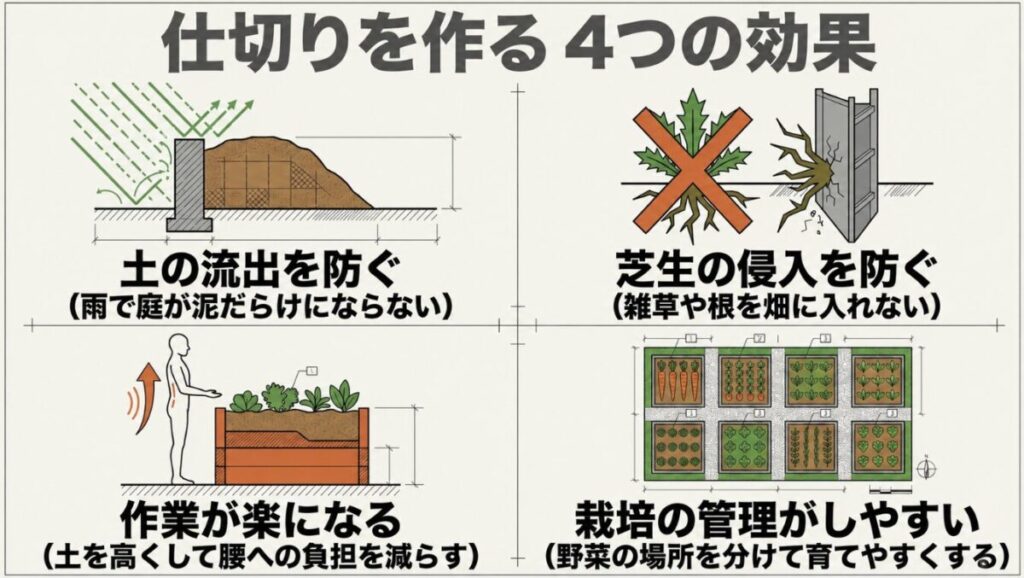 庭と畑の仕切りによる土の流出防止、芝生の侵入防止、作業負担の軽減、栽培管理のしやすさを示す図