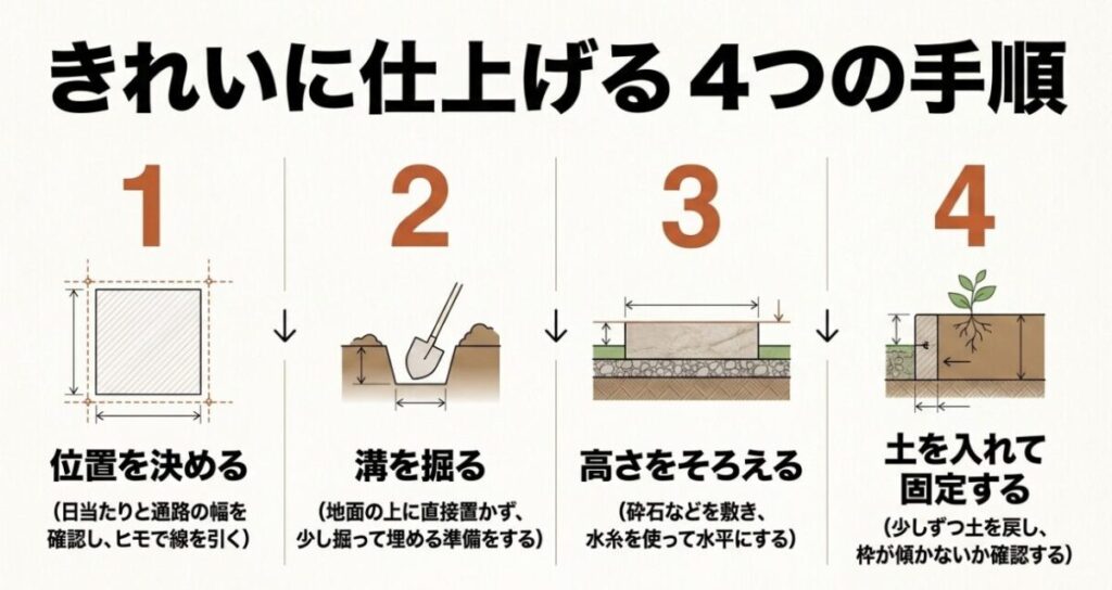 庭と畑の仕切りをDIYする際の位置決め、溝掘り、高さ調整、土入れと固定の4手順を示す図