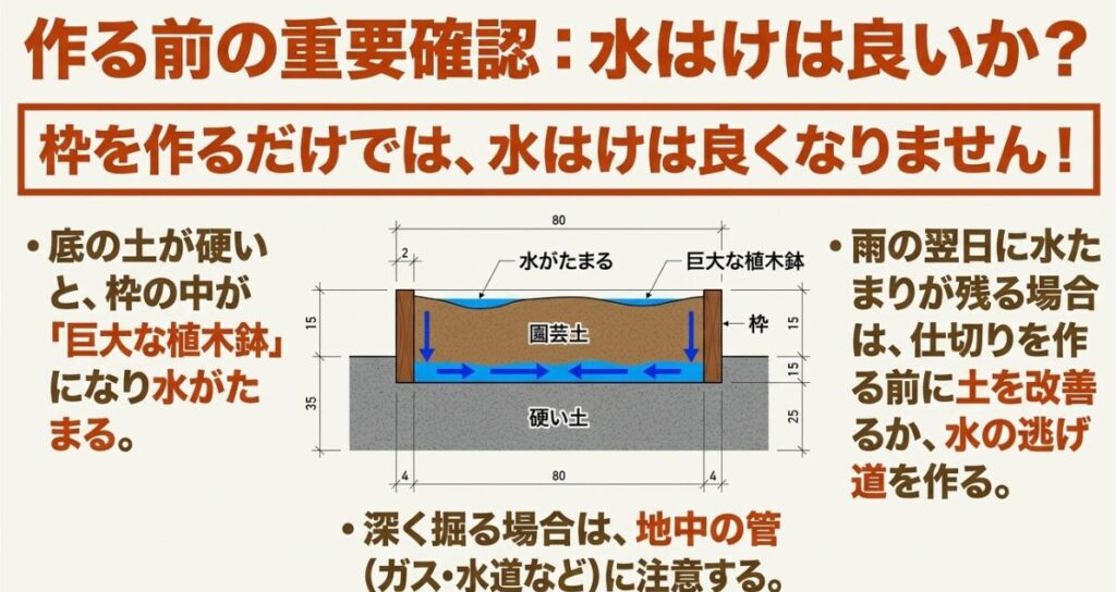硬い地盤の上に仕切りを作ると内部に水がたまる仕組みと、土壌改善や排水経路の必要性を示す断面図