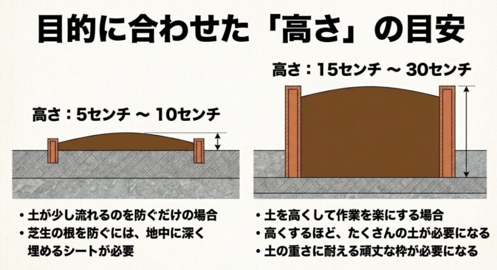 土の流出を防ぐ低い仕切りの高さ5〜10cmと、レイズドベッドの高さ15〜30cmを比較した図