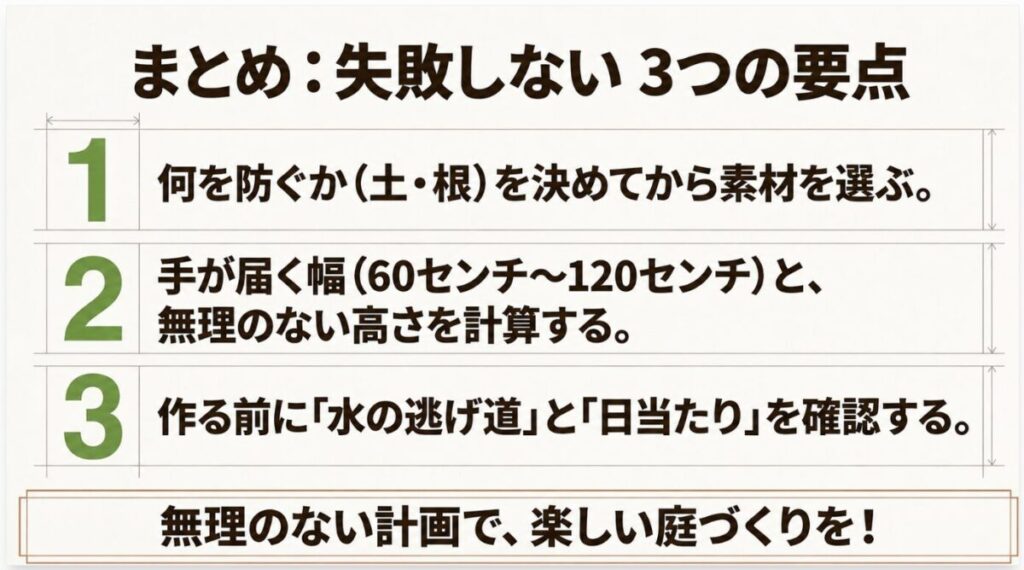 防ぎたいものに合う素材、作業しやすい幅と高さ、水の逃げ道と日当たりを確認する3つの要点
