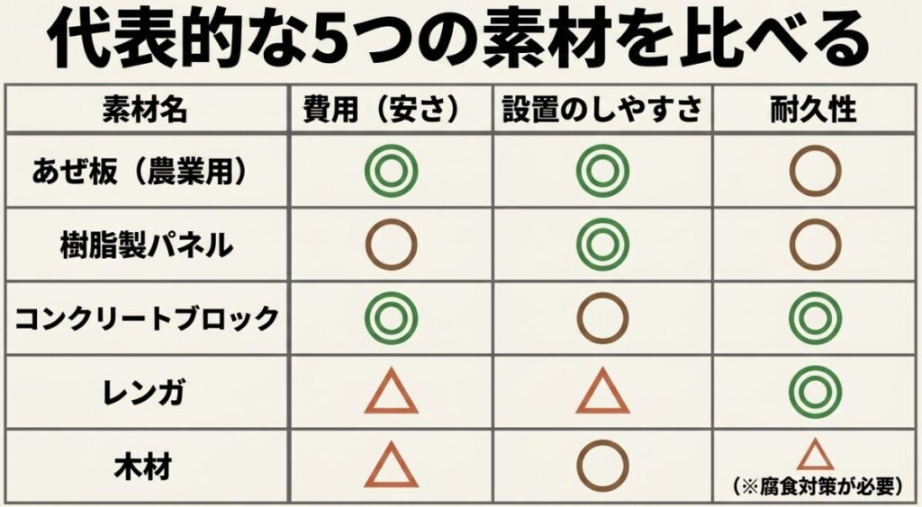 あぜ板、樹脂製パネル、コンクリートブロック、レンガ、木材を費用、設置のしやすさ、耐久性で比較した表